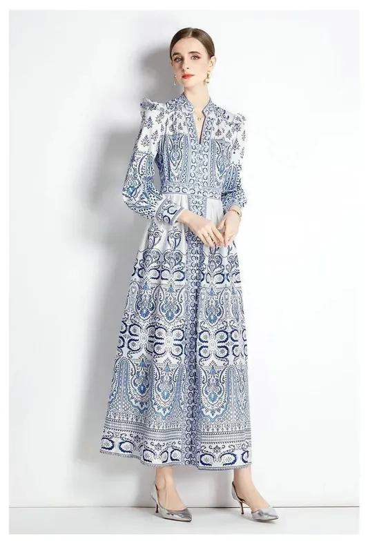 Paisley Print Maxi Dress with Button Closure - MSN Collection
