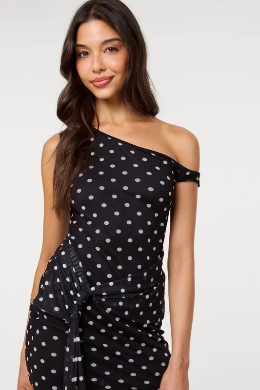 Polka Dot Tie Side Mesh Bodycon Dress - Pink Vanilla