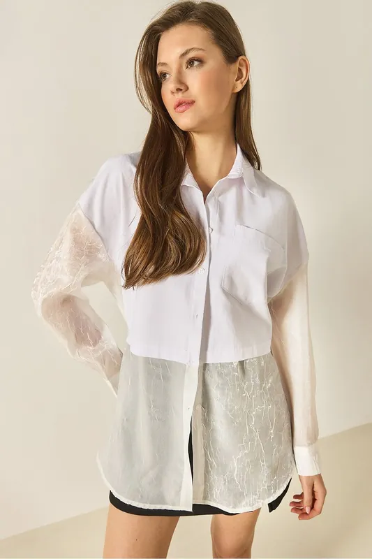 Oversized Long Sleeve Organza Shirt with Button Closure - Bianco Lucci