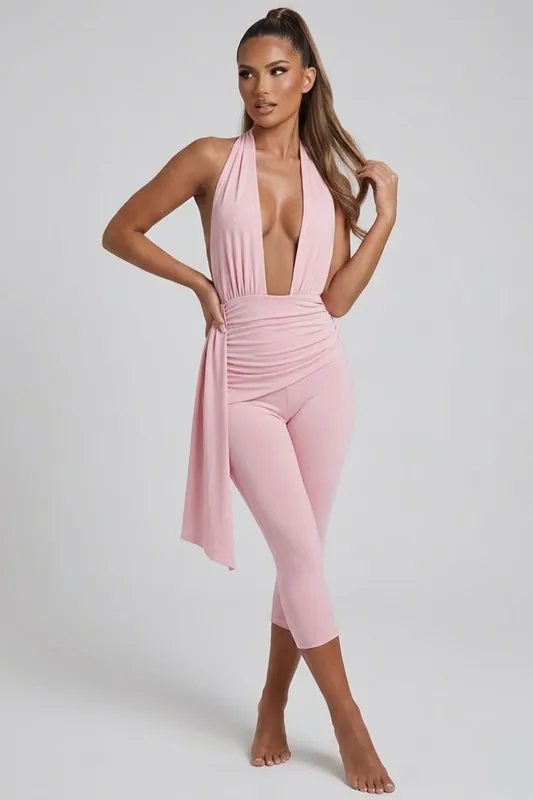 Plunge Halter Neck Ruched Drape Jumpsuit - STYLEWISE