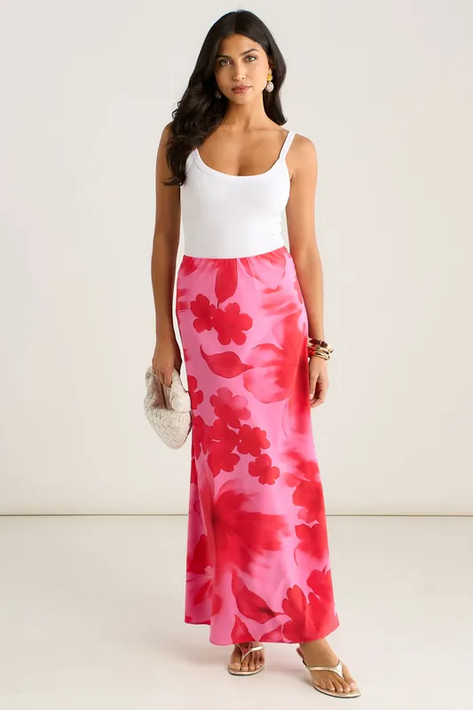 Pink Watercolor Floral Print A Line Maxi Skirt - Gini London
