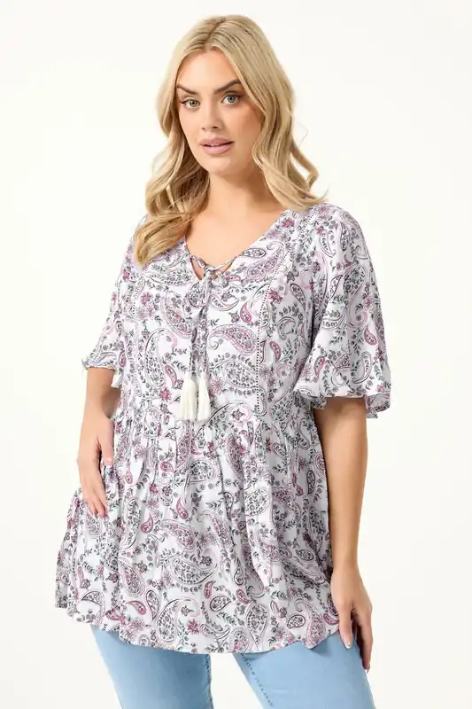 Paisley Embellished Tie Neck Top - Yours