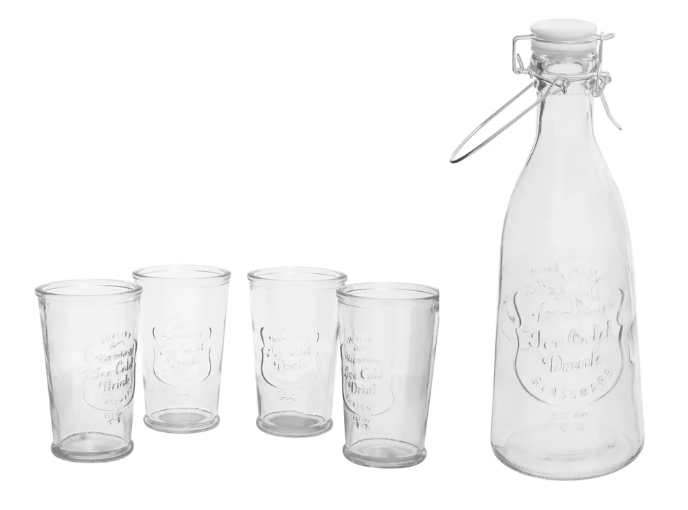 Tapered Glass Bottle With Four Glasses Set, Secured Silver Swing Top Bottle, Four Matching Tumblers - Orsina