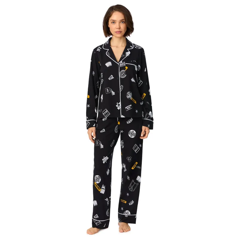 Long Sleeve Notch Top and Pant Sleep Set in Multi Black Logo - DKNY