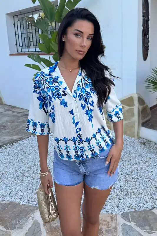 Blue Boho Floral Print Short Sleeve Boxy Shirt - AX Paris