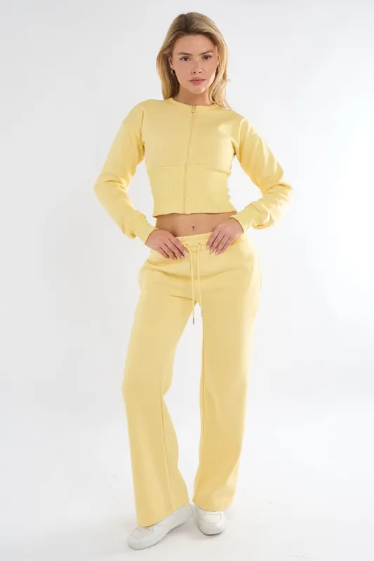 Cropped Zip Up Sweatshirt and Wide Leg Trouser Tracksuit - STYLEWISE