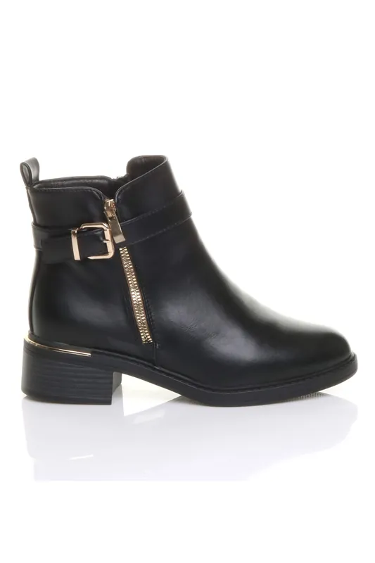 Low Heel Gold Zip Chunky Sole Buckle Ankle Boots - AJVANI