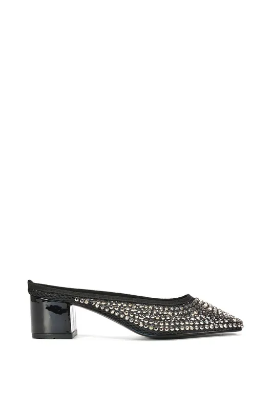Brooklyn' Square Toe Court Shoe Mule Block Heels With Crystal Mesh - XY London