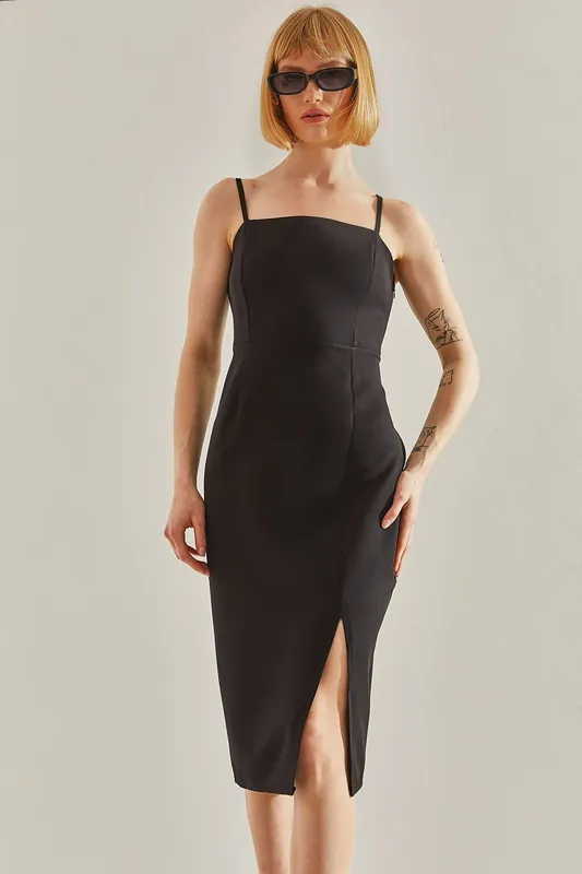 Midi Dress with Square Collar and Slit - Bianco Lucci