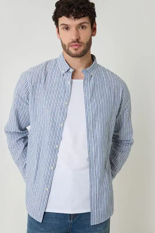 Stripe Linen Cotton Blend Long Sleeve Shirt - Threadbare