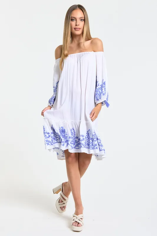 White Blue Embroidered Beach Dress - Liquorish