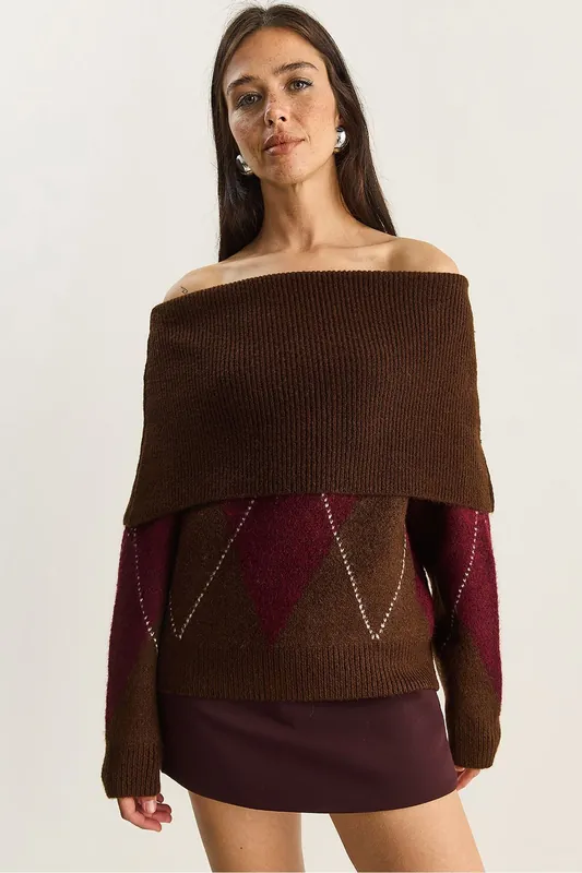 Madonna Collar Knitted Sweater with Baklava Pattern - Bianco Lucci