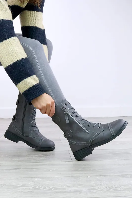 Low Heel Zip Military Ankle Biker Boots - AJVANI