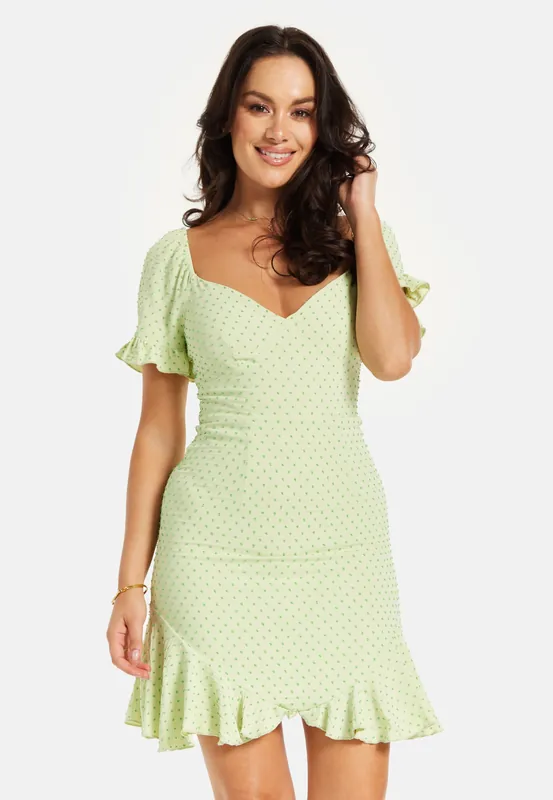 Woven Polka Dot Frill Detail Dress Green - Liquorish