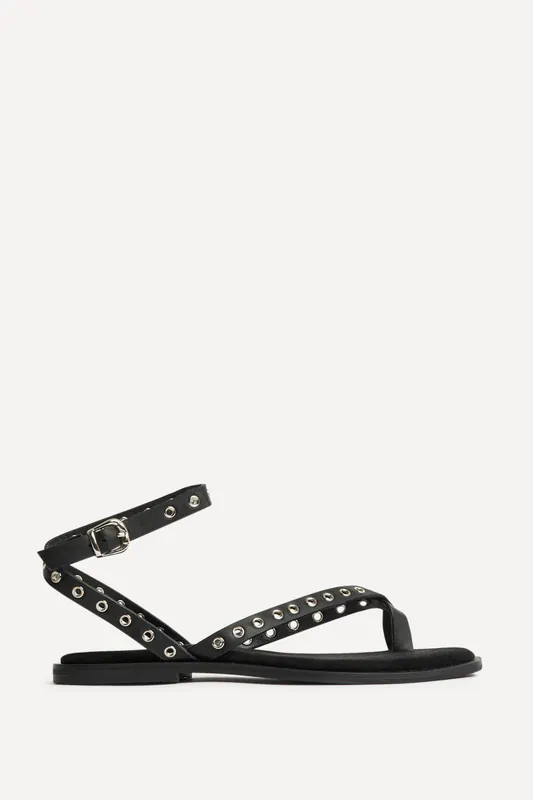 Perrie Black Faux Suede Flat Sandals - Linzi
