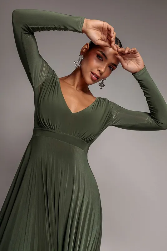 Plunge Neck Long Sleeve A Line Maxi Dress - Goddiva