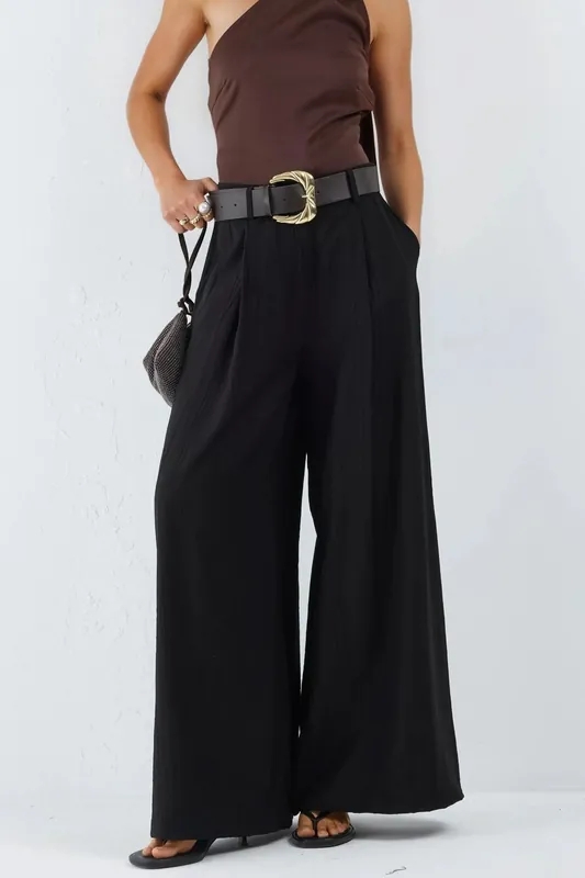 High Waist Wide Leg Pants with Pleats - Busem