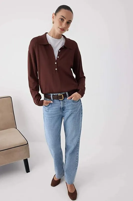 Mercerized Look Polo Collar Button Detail Knit Sweater - WOVCOR