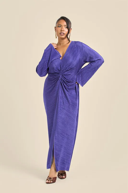 Curve Twist Front Flare Sleeve Plisse Midaxi Dress - FASHION-SZN