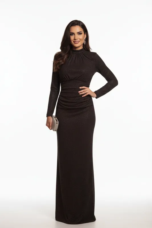 Glitter High Neck Long Sleeve Back Half Zip Maxi Dress - Femme Luxe