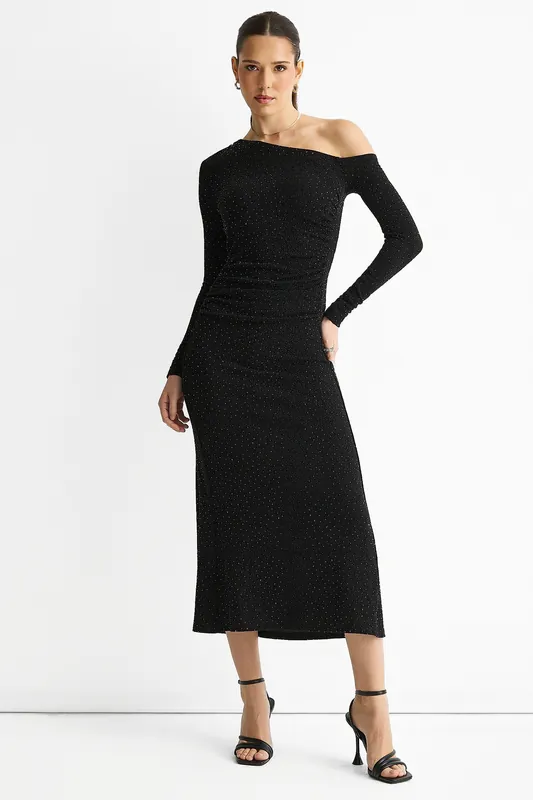 Black Hot Fix Studded Jersey Midi Dress - Gini London