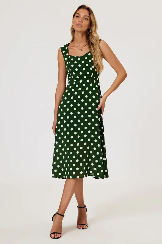 Polka Dot Print Heart Neck Midi Green - FS Collection