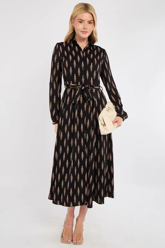 Tan Chevron Print Midaxi Shirt Dress - Love Sunshine