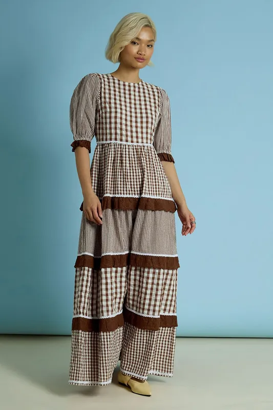 Cotton Gingham Tiered Maxi Dress - Neon Rose