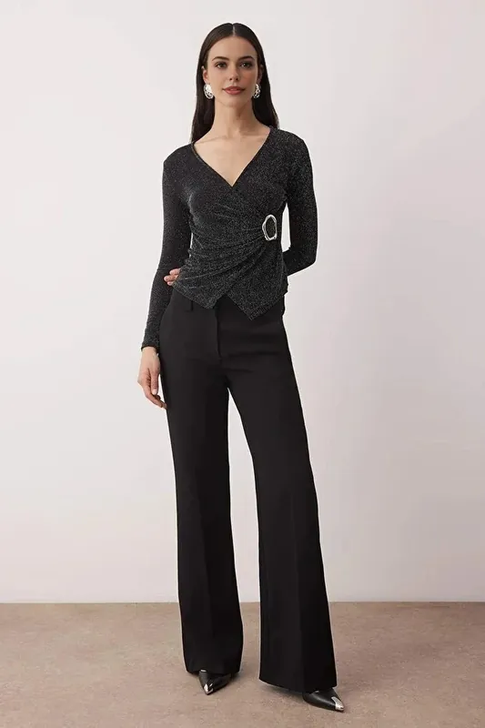 Glitter Knit Blouse with Accessory Detail - WOVCOR