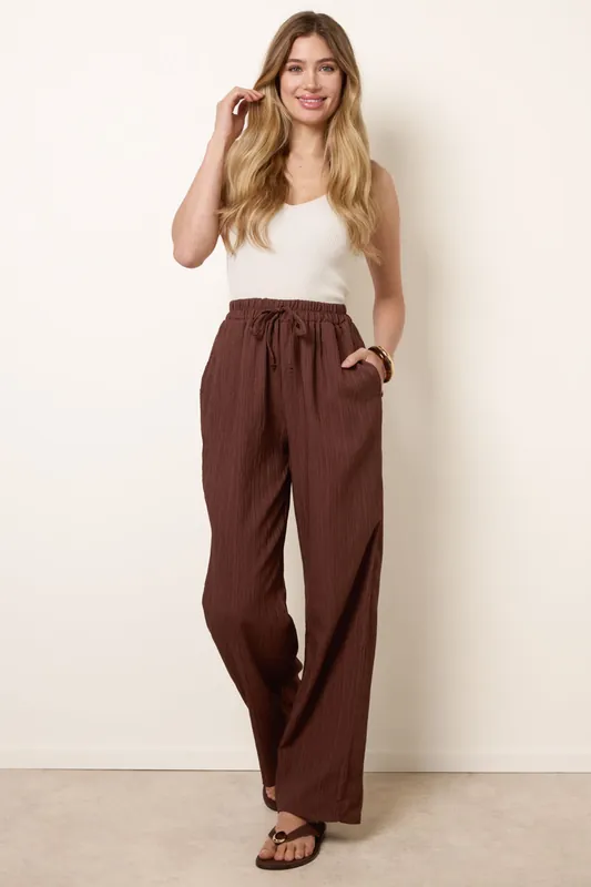 Brown Drawstring Wide Leg Trousers - Blue Vanilla