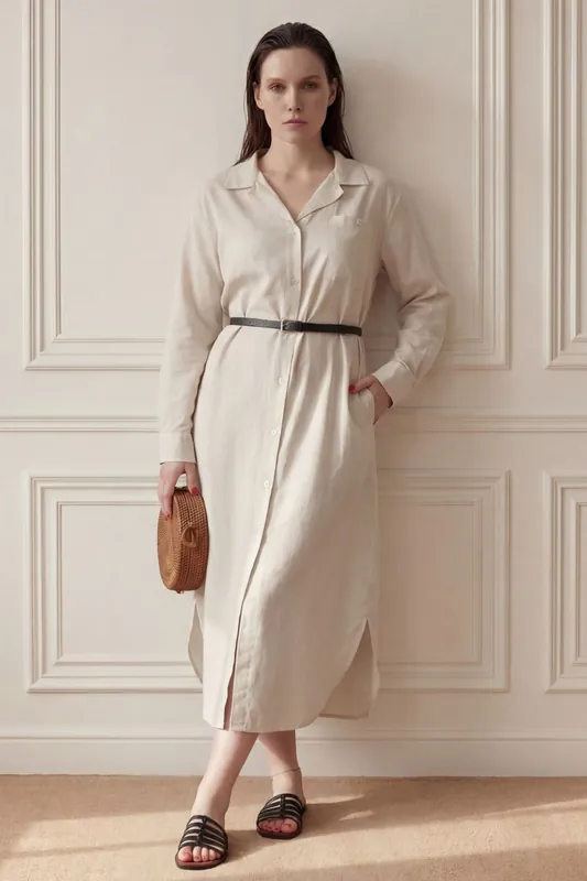 Linen Blend Midi Dress with Button Closure and Pocket - MyFashion