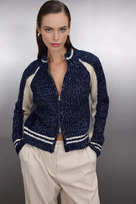 Soft Textured Knit Cardigan with Zipper Detail - WOVCOR