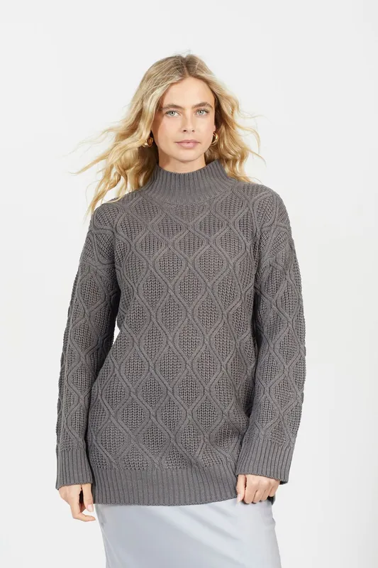 High Neck Cable Knit Tunic Jumper - Brave Soul
