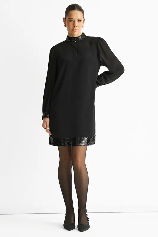 Black Sequin Trim High Neck Belted Mini Dress - Gini London