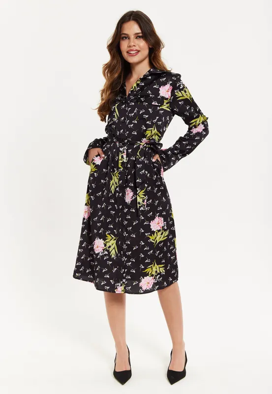 Pink Floral Print Shirt Dress In Black - Liquorish