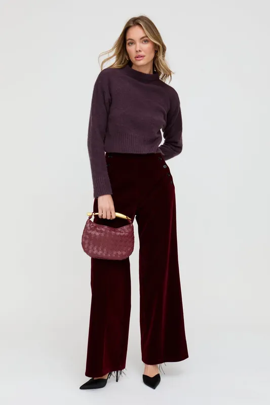 Maiden Wide Leg Velvet Trouser In Burgundy - Lily and Lionel