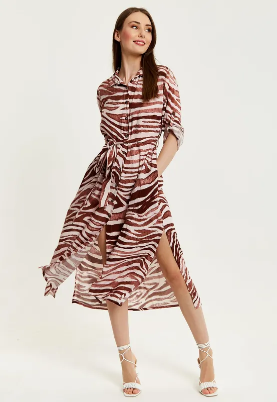 Brown Zebra Print Midi Shirt Dress - Liquorish