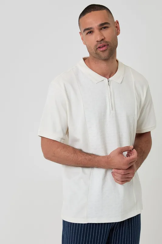 Textured Front Quarter Zip Polo Shirt - Threadbare
