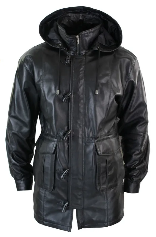 Long Leather Duffle Safari Coat With Detachable Hood - TruClothing
