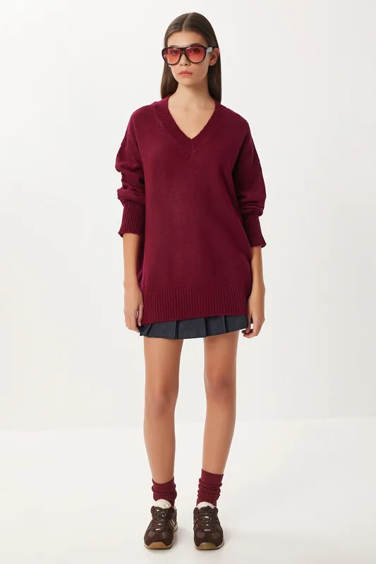 Oversized V-Neck Ribbed Knit Sweater