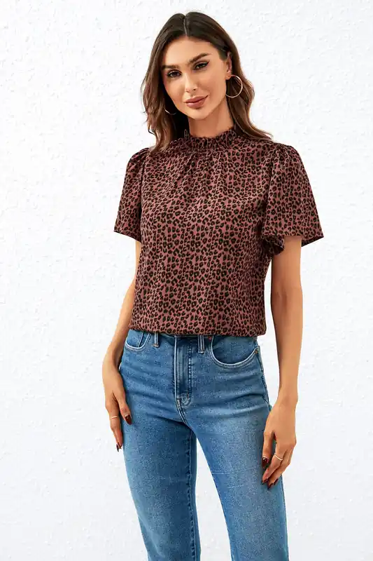 Leopard Print Angel Sleeve High Neck Top/Blouse In Rusty - FS Collection