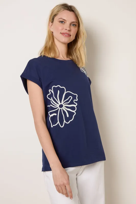 Navy T-Shirt With Big Floral Embroidery