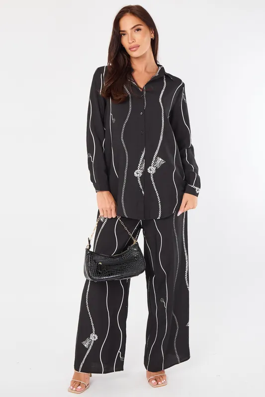 Black Rope Stripe Print Wide-Leg Co-ord