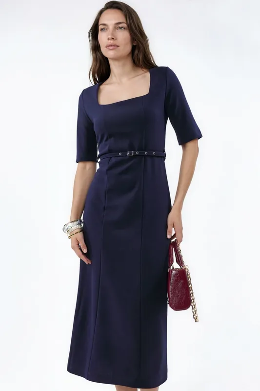 Belted Midi Dress with Square Collar - Busem