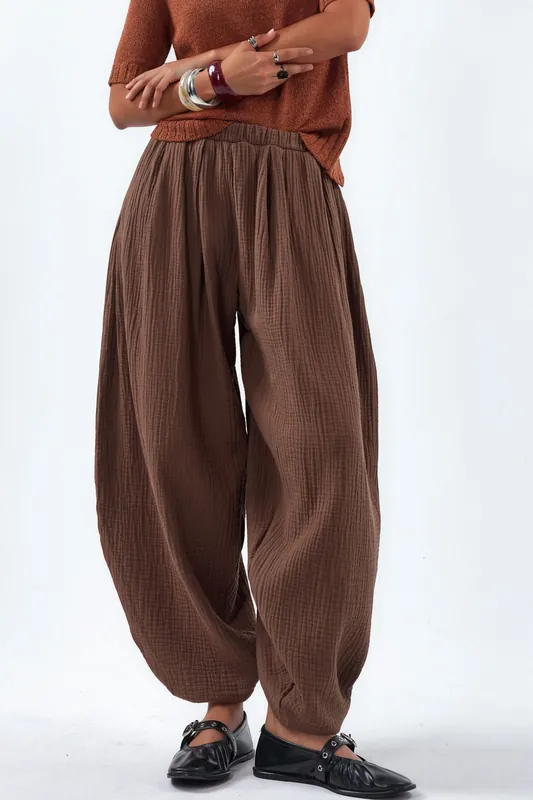 Wide Leg Elastic Waist Trousers - Busem