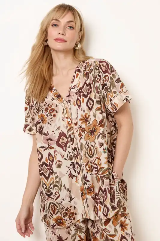 Brown Paisley V Neck Collarless Shirt - Blue Vanilla