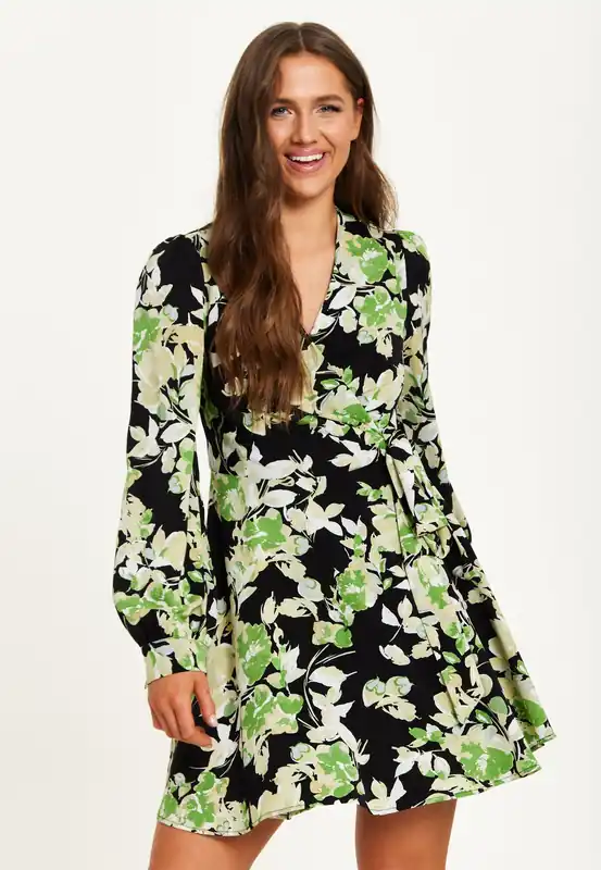 Green Floral Print Mini Wrap Dress With Long Sleeves In Black - Liquorish