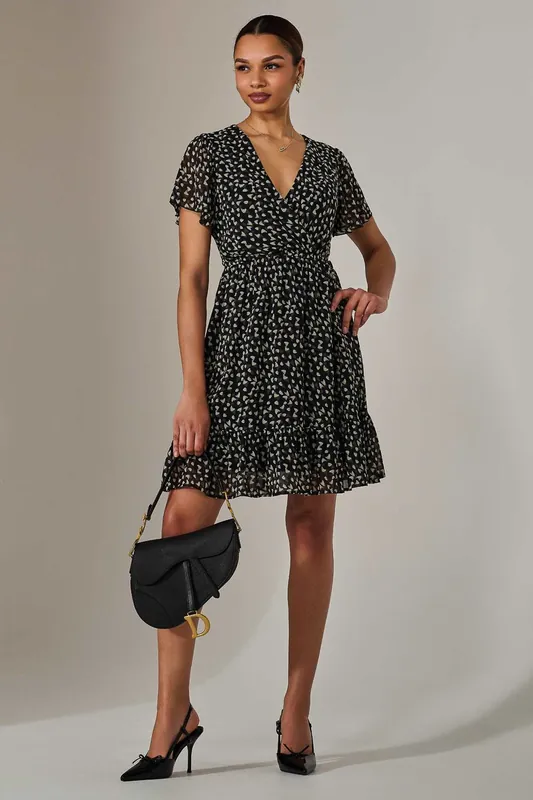 Chiffon Short Sleeve Tie Waist Mini Dress - Jolie Moi