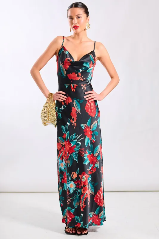 Red Floral Cowl Neck Satin Maxi Dress - Needs No Label