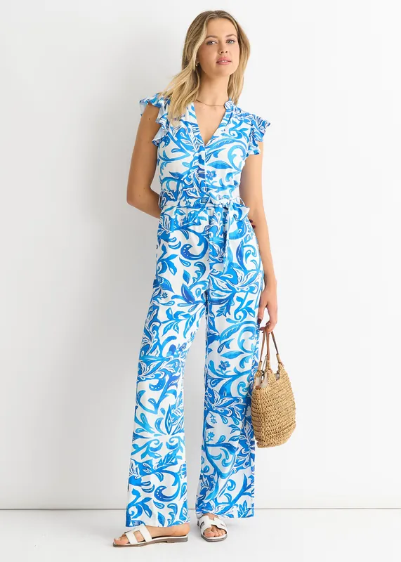 Blue Floral Ruffle Sleeeves Jumpsuit - Gini London